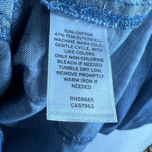 Caslon Blouse Top Womens Large Blue Balloon Sleeve Chambray Half Button Cottage - Picture 6 of 8